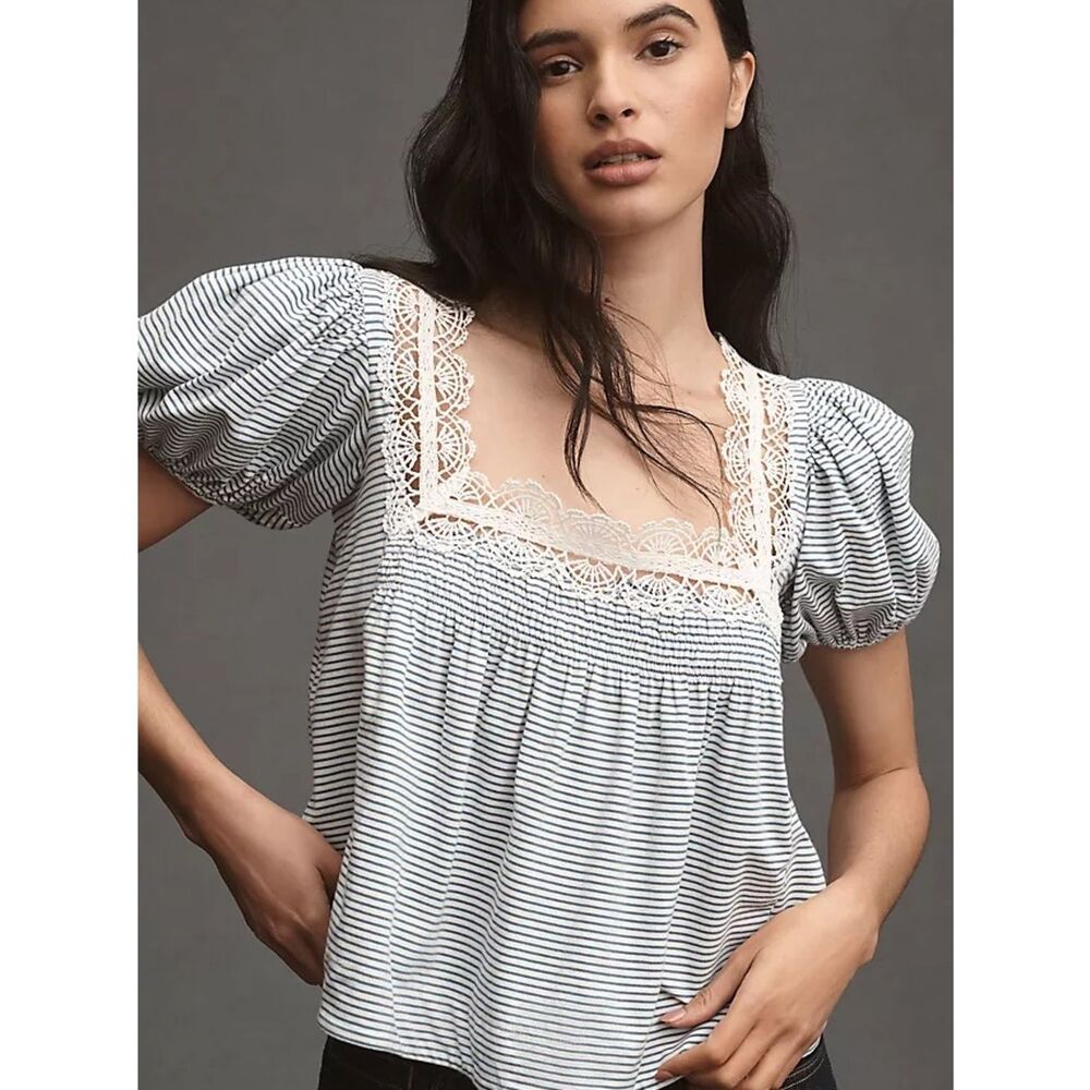 Maeve Square-Neck Puff-Sleeve Swing Tee Blue NWT Size Small